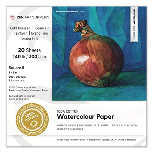 ZenART Aquarellpapier, 100 % Baumwolle, 63,5 kg, 20,3 x 20,3 cm, kaltgepresst, säurefrei, Reiseblock, 2-seitig gebunden, für Aquarell, Gouache, Tinte, Acryl und gemischte Medien ZenART Aquarellpapier, 100 % Baumwolle, 63,5 kg, 20,3 x 20,3 cm, kaltgepresst, säurefrei, Reiseblock, 2-seitig gebunden, für Aquarell, Gouache, Tinte, Acryl und gemischte Medien von ZenART Supplies