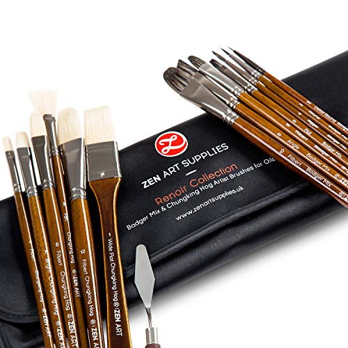 ZenART Öl- & Acryl-Pinsel - 14-teiliger Profi-Satz mit Chungking Hog, Dachs/Japanischen Synthetischen Borsten inkl. Filbert, Flach, Rigger & mehr - Reiseetui, lange Birkenholzgriffe, ohne Abblättern von ZenART Supplies