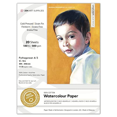 100% Baumwoll-Aquarellpapier 300 gsm - 12x16 in (30,5 x 40,6 cm) 20 Blatt Kaltpressung säurefrei für Profi-Künstler 2-seitig gebunden für Aquarell, Gouache, Tinte, Mischtechniken von ZenART von ZenART Supplies