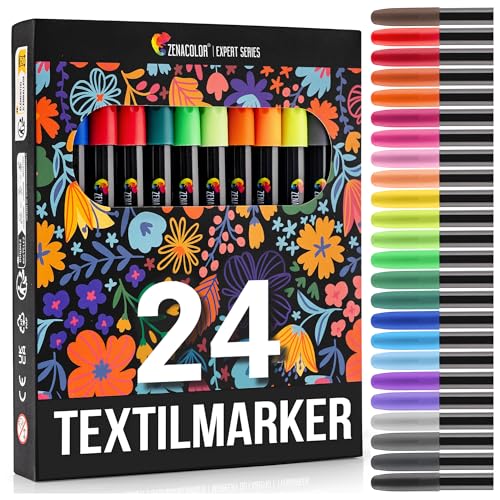 24 Textilstifte Waschmaschinenfest - Textilfarbe Waschmaschinenfest - Ungiftig, Waschfeste und Permanente Stoff Marker ideal für T-Shirts, Stofftaschen und andere Textilien - Für Kinder und Erwachsene von Zenacolor