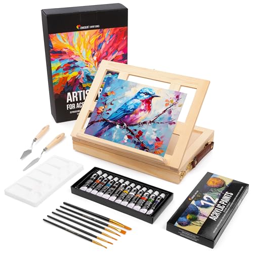 Acrylfarbe Set für Künstler 22-teilige mit Malkoffer für Erwachsene aus Holz, Staffelei 12 Tuben Acrylfarben, 2 Spachtelmesser, 6 Malpinsel, Leinwand und Mixpalette von Zenacolor