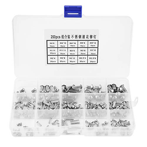 Zenithaur Solid Niets Sortiment Kit 250pcs Edelstahl -Nieten Set Runde Kopf Nieten M2 / M3 / M4 / M5 -Verschlusskit mit Aufbewahrungsbox für Typenplatten von ZenithAur