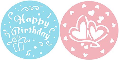 Zenker Kuchen-Deko-Schablonen CANDY, Dekorier-Scheiben mit Herzen und Happy Birthday, Schablone zur Verzierung von Kuchen und Torten (Farbe: Rosa, Blau), Menge: 2 Stück, 25.5 x 25.5 x 0,1 cm von Zenker