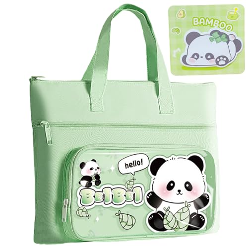 ZenyTra A4 Dokumententasche Mit Notizzettel - Cartoon Design & Mehrfachfächer, 1x Tragetasche + 1x Haftnotizen-Set, Wasserdicht & Doppel-Reißverschluss Für Schule/Büro (Grüne Panda) von ZenyTra