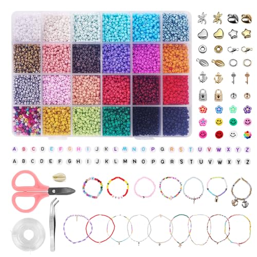 ZephyrCraft Perlen für Armbänder - DIY Perlen Set zum Auffädeln, 24 Farben 3mm Glasperlen, inkl. Bunte Buchstabenperlen - Ideal für Armbänder selber machen (Kinder/Erwachsene) von ZephyrCraft