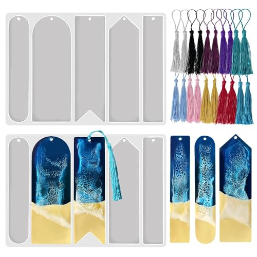 2 Stück lesezeichen silikonform,Lesezeichen Epoxidharz Formen set,DIY Lesezeichen silikonform harz,silikonform epoxidharz，mit 20 Quasten,Es gibt große Rechtecke,kleine Rechtecke und Ovale，10 Hohlräume von ZephyrHome