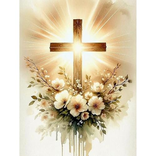 Diamond Painting Jesus Kreuz 5D DIY Set mit Blumenmotiv und Lichtstrahlen Christliche Wanddeko für Erwachsene Einsteiger Geschenkidee zur religiösen Dekoration im Wohnzimmer Diamant Malerei30x40cm von ZephyrHome