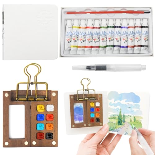 Zequech Taschenkünstler-Reisepaket Aquarelle Palette, 12 Farben + 8 Paletten Palette + Buch + Pinsel + Bücherklammer, tragbare Mini-Zeichnung Geschenk im Freien (Walnuss) Zequech Taschenkünstler-Reisepaket Aquarelle Palette, 12 Farben + 8 Paletten Palette + Buch + Pinsel + Bücherklammer, tragbare Mini-Zeichnung Geschenk im Freien (Walnuss) von Zequech