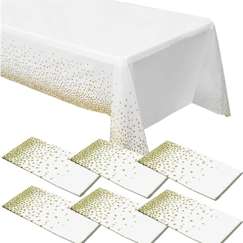 ZeriTlolen 6 Stück goldene Punkt-Tischdecken für rechteckige Tische, 137,2 x 274,3 cm, weiße Kunststoff-Tischdecken, Einweg-Tischdecken, Party-Tischdecken mit goldenen Punkten, Konfetti-Tischdecke für ZeriTlolen 6 Stück goldene Punkt-Tischdecken für rechteckige Tische, 137,2 x 274,3 cm, weiße Kunststoff-Tischdecken, Einweg-Tischdecken, Party-Tischdecken mit goldenen Punkten, Konfetti-Tischdecke für von ZeriTlolen
