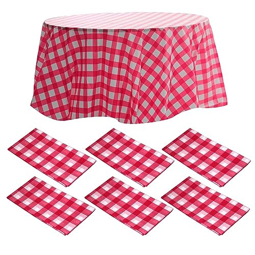 Runde Kunststoff-Tischdecke mit rotem Karomuster, 213 cm, Einweg-Tischdecke, rund, weiß, dekorativ, glatte Tischdecke für Partys, Grillen, drinnen und draußen, 6 Packungen Runde Kunststoff-Tischdecke mit rotem Karomuster, 213 cm, Einweg-Tischdecke, rund, weiß, dekorativ, glatte Tischdecke für Partys, Grillen, drinnen und draußen, 6 Packungen von ZeriTlolen