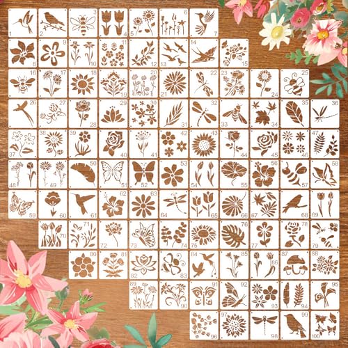 Zernblend 100 Stück Sashiko Stencil Set, Scrapbooking Handwerk Deko, Handquilten, Prägeschablonen, Große Stickvorlagen mit Blumen und Insekten (2 x 2 Zoll) von Zernblend