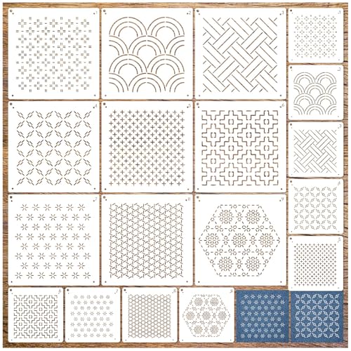 Zernblend 18 Stück Sashiko Stencil Set, Handquilten, Prägeschablonen (7,87 x 7,87 Zoll und 4,7 x 4,7 Zoll) von Zernblend