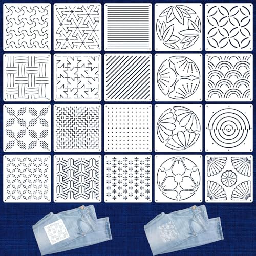 Zernblend 20 Stück Sashiko Stencil Set, 5,1 X 5,1 Zoll Plastikschablonen für Geometrische Muster, Handquilten, Nähen Und Textilgestaltung, Buchstaben Schablone, Prägeschablonen Zernblend 20 Stück Sashiko Stencil Set, 5,1 X 5,1 Zoll Plastikschablonen für Geometrische Muster, Handquilten, Nähen Und Textilgestaltung, Buchstaben Schablone, Prägeschablonen von Zernblend