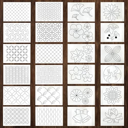Zernblend 24 Stück Sashiko Stencil Set, Handquilten, Prägeschablonen (8,3 x 5,9 Zoll) von Zernblend