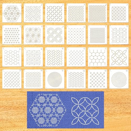 Zernblend 24 Stück Sashiko Stencil Set, Handquilten, Scrapbooking Handwerk Deko, Prägeschablonen (4,72 x 4,72 Zoll) von Zernblend