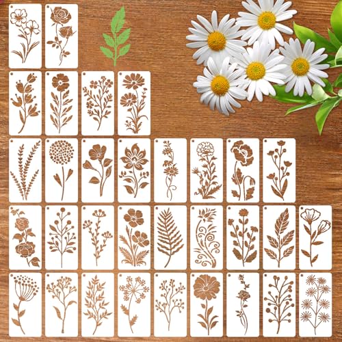 Zernblend 32 Stück Sashiko Stencil Set, Scrapbooking Handwerk Deko, Handquilten, Prägeschablonen, Große Blumenstickvorlagen (5,9 x 3 Zoll) von Zernblend