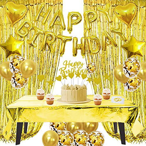 ZERODECO Geburtstagsdeko Gold Set, Happy Birthday Buchstaben Ballons Tischdecke Cake Topper Folienvorhänge Mylarfolie Stern und Herzform Ballons Konfetti Luftballons für Geburtstags Party Deko von ZERODECO