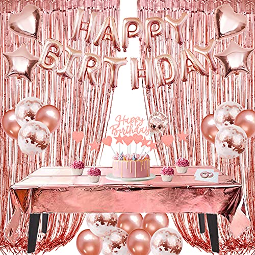 ZERODECO Geburtstagsdeko Roségold Set, Happy Birthday Buchstaben Ballons Tischdecke Cake Topper Folienvorhänge Mylarfolie Stern und Herzform Ballons Konfetti Luftballons für Geburtstags Party Deko von ZERODECO