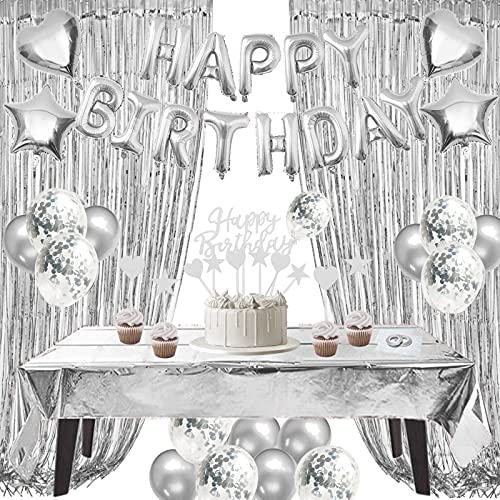 ZERODECO Geburtstagsdeko Silber Set, Happy Birthday Buchstaben Ballons Tischdecke Cake Topper Folienvorhänge Mylarfolie Stern und Herzform Ballons Konfetti Luftballons für Geburtstags Party Deko von ZERODECO