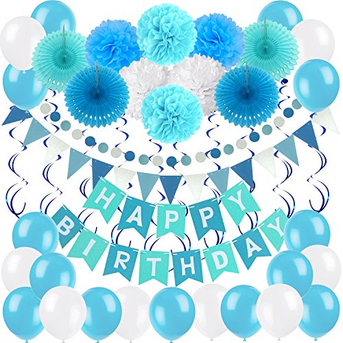 ZERODECO Geburtstagsdeko, Happy Birthday Wimpelkette Banner Girlande mit Pompoms Papier Girlande Fans Fächer Dreieckige Wimpel Spiral Girlanden und Luftballon - Blau von ZERODECO