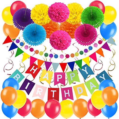 Geburtstag Partei Dekoration, Zerodeco Happy Birthday Wimpelkette Banner Girlande mit Pompoms Papier Girlande Fans Fächer Dreieckige Wimpel Spiral Girlanden und Luftballon - Mehrfarbig Geburtstag Partei Dekoration, Zerodeco Happy Birthday Wimpelkette Banner Girlande mit Pompoms Papier Girlande Fans Fächer Dreieckige Wimpel Spiral Girlanden und Luftballon - Mehrfarbig von ZERODECO