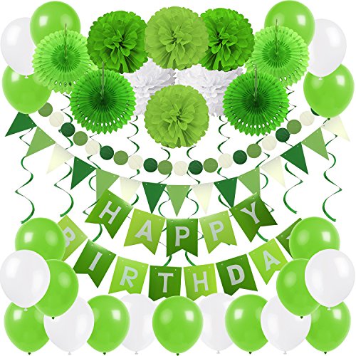 ZERODECO Geburtstagsparty-Dekoration, Happy Birthday Banner mit 4 Papierfächern, Seidenpapier, 6 Papier-Pompons, Blume, 10 hängende Wirbel und 20 Luftballons für Geburtstagsparty-Dekorationen – Grün von ZERODECO