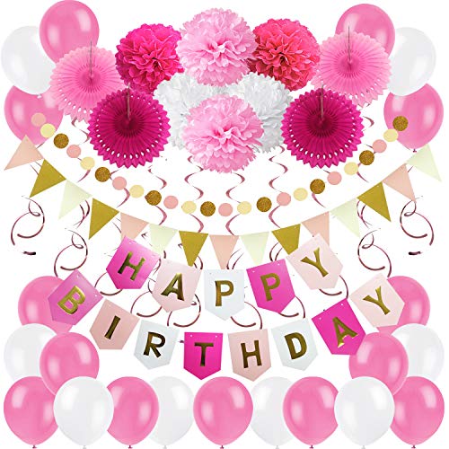 ZERODECO Geburtstagsdeko, Happy Birthday Wimpelkette Banner Girlande mit Pompoms Papier Girlande Fans Fächer Dreieckige Wimpel Spiral Girlanden und Luftballon - Rosa von ZERODECO