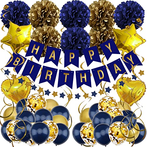 ZERODECO Geburtstagsdeko, Marineblau Gold Geburtstag Partydekoration für Männer Happy Birthday Banner mit Papier Pompons Stern Wimpel Folienballon Geburtstag für Mädchen Junge Frauen von ZERODECO