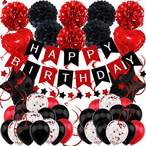ZERODECO Geburtstagsdeko, Schwarz Rot Geburtstag Partydekoration für Männer Happy Birthday Banner mit Papier Pompons Stern Wimpel Folienballon Geburtstag für Mädchen Junge Frauen von ZERODECO