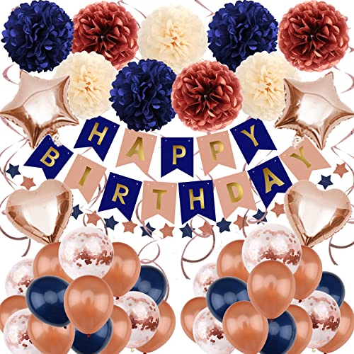 ZERODECO Geburtstagsdeko Mädchen, Rosegold Marineblau Geburtstag Partydekoration für Mädchen Happy Birthday Banner mit Papier Pompons Stern Wimpel Folienballon Geburtstag für Mann Junge Frauen von ZERODECO