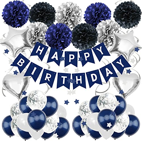 ZERODECO Geburtstagsdeko Mann, Marineblau Silber Schwarz Geburtstag Partydekoration für Männer Happy Birthday Banner mit Papier Pompons Stern Wimpel Folienballon Geburtstag für Mädchen Junge Frauen von ZERODECO