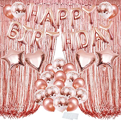 ZERODECO Geburtstagsdeko Rosegold Set, Happy Birthday Buchstaben Ballons Folienvorhänge Mylarfolie Stern und Herzform Ballons Konfetti Luftballons von ZERODECO