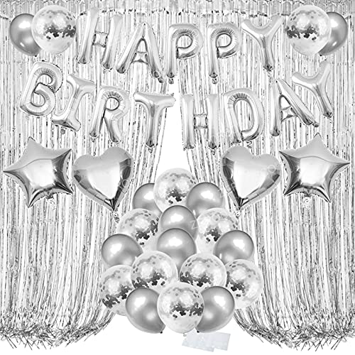 ZERODECO Geburtstagsdeko Silber Set, Happy Birthday Buchstaben Ballons Folienvorhänge Mylarfolie Stern und Herzform Ballons Konfetti Luftballons von ZERODECO