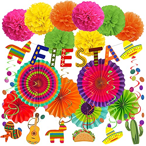 ZERODECO Party Dekorationen, Mehrfarbig Fiesta Banner Papierfächer Pompoms Girlanden String Festival Theme Swirls für Fiesta Mexican Theme Cinco De Mayo Geburtstag Party Supplies von ZERODECO
