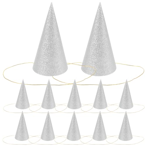 Zerodeko 12 Glitzernde Partyhüte in Kegelform, Dreieckige Geburtstagshüte für Partydekorationen für Kinder Und Erwachsene (silber) von Zerodeko