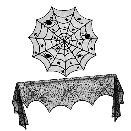 Zerodeko 2 Stück Halloween Tischdecke Schwarze Spitze mit Spinnennetzmuster und Dekorative Wiederverwendbare Tischdeko für Esstisch und Kamin Schmutzabweisend und Pflegeleicht Gruselige von Zerodeko