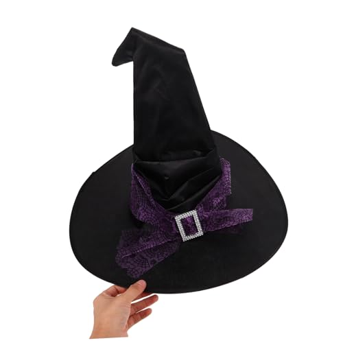 Zerodeko Halloween Hexenhut Damen mit Schleier Geraffter Großer Krempe Spitz Zulaufend Leichter Netzstoff mit Stern Mondmuster Atmungsaktiv für Halloween Kostüm und Party von Zerodeko