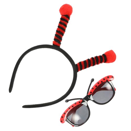 Zerodeko Party Dress Up Set Teilig Kleine Marienkäfer Ohren Haarreif mit Grauen Brillengläsern Niedliches Tier Ohren Accessoire für Karneval Cosplay Fasching und Kindergeburtstag von Zerodeko