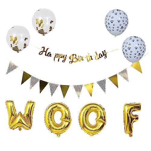 Zerodeko Teiliges Aluminium Folienballon Set für Hundeparty Geburtstag Deko mit Bannern Goldene Dreiecksfahnen Geburtstagsbanner Glitzer Latex und Woof Folienballons Indoor Outdoor von Zerodeko