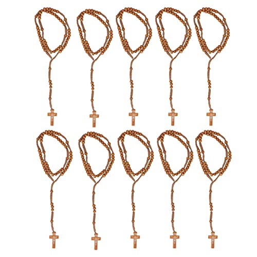 10 Stück Holz Rosenkranz auf 10 Stück Holz Rosenkranz Jesus Holz Rosenkranz Perlen Impressum Katholischen Unisex Stil Holzperlen Kreuz Rosenkranz Halskette Schmuck für Männer Frauen(Hellbraun) von Zerodis