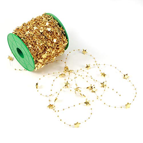 Zerodis DIY Star Faux Pearls Perlen String Girlande für Hochzeitsstrauß Dekoration, Langlebige Ornament für Weihnachtsbaum, 60 M Goldene Fünftbezielte Sternschnur (goldener fünfzackiger Stern) von Zerodis