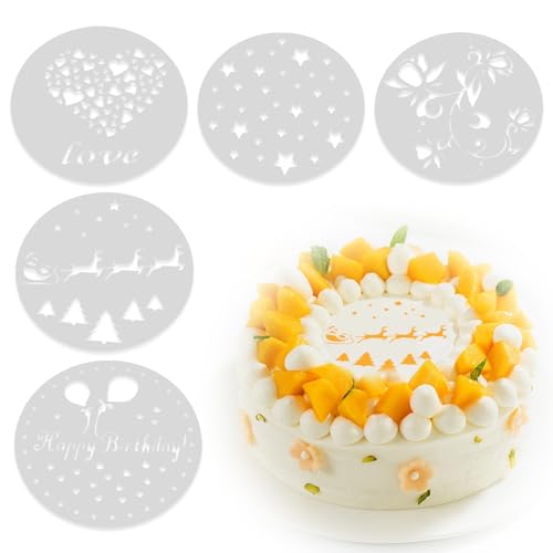 5 Stück Kuchendekoschablonen, Kuchen Blumenspray Schablonen, Alles Gute zum Geburtstag, Liebesmuster, Wiederverwendbar, Verwendet für DIY Zuckerpulver Sieb Gebäck Spray Backwerkzeuge (20 * 20cm) von Zerquell
