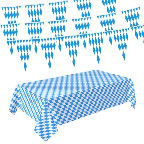 1PCS Oktoberfest Deko Bayern Tischdecke Blau Weiß (137x274cm) + 20PCS Wimpelkette, Bayrische Deko für Party Bierzelt, Bayern Deko Hausgarten Fest, Bayerische Deko mit Rautenmuster (Blau Weiß von ZesNxj
