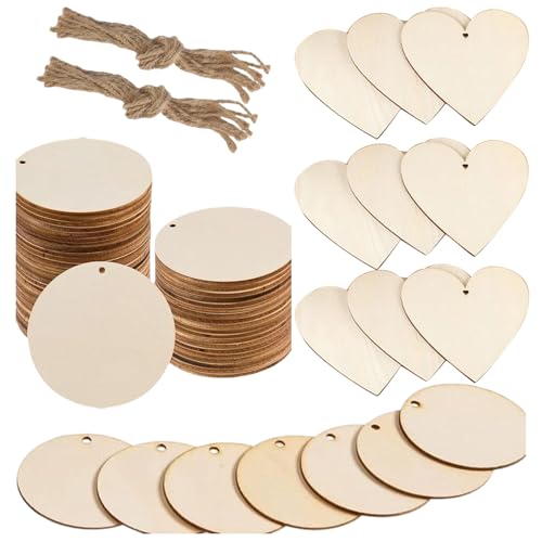 60 Stück Holzanhänger mit 100 Seilen, Kreis und Herz Holzherzen, Holzherzen Zum Beschriften für Diy Handwerk, Holzherz für Tischdeko Hochzeit Geburtstag Weihnachten von ZesNxj