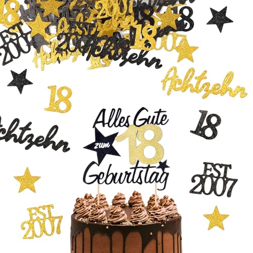 Deko 18. Geburtstag Junge, Schwarz Gold 18 Geburtstag Deko Set mit 150 Konfetti Streudeko und 1 Kuchendeko, Tortendeko 18 für Junge Mädchen Jubiläen von ZesNxj