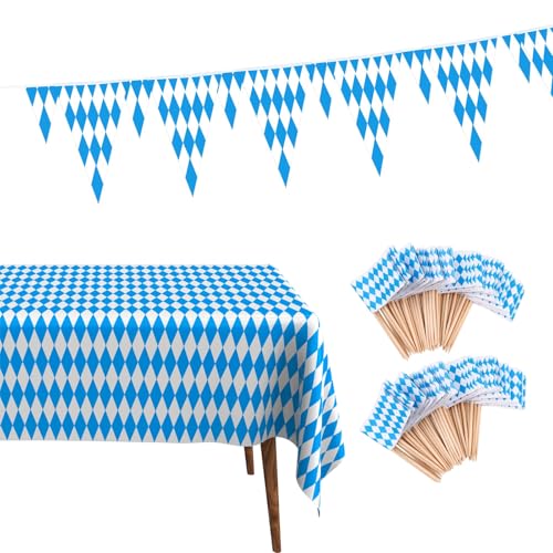 Oktoberfest Deko Set, 1 Stück Bayrische Deko Blau Weiß Tischdecke für Party und Hausgarten, 1 Stück 20 x 30cm - 10m Banner, 100 Stück Bayern Fahne Zahnstick Bierfest Party-Zubehör Oktoberfest Deko Set, 1 Stück Bayrische Deko Blau Weiß Tischdecke für Party und Hausgarten, 1 Stück 20 x 30cm - 10m Banner, 100 Stück Bayern Fahne Zahnstick Bierfest Party-Zubehör von ZesNxj