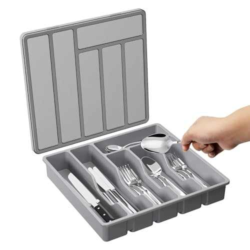 Bestecktablett mit Deckel, Organizer Tablett Utensilien, Besteckaufbewahrung - 6 Fächer, Besteck und Besteck, Thekengeldhalter, Besteckhalter Bestecktablett mit Deckel, Organizer Tablett Utensilien, Besteckaufbewahrung - 6 Fächer, Besteck und Besteck, Thekengeldhalter, Besteckhalter von Zestivra