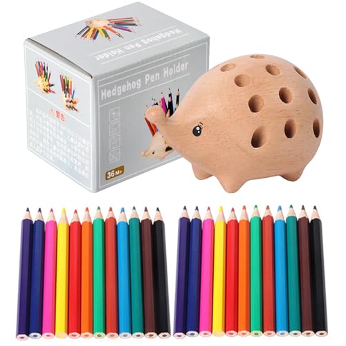 Igel-Stifthalter – Tierhalter aus Holz mit buntem Bleistift-Display | Dekorativer Schreibtisch-Organizer, niedlich, geschnitzt mit Löchern für Schreibwaren, Supplies Office Study A von Zestivra