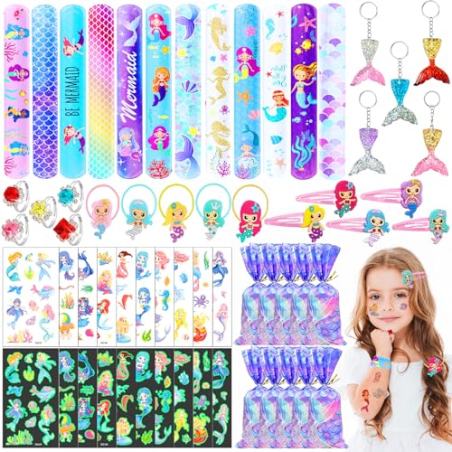 Zeuwets 52 Stück Party Mitgebsel Mädchen, Kindergeburtstag Gastgeschenke Geschenk Kinder, Meerjungfrau Schnapparmband Tattoos Schlüsselanhänger Haargummis Haarspangen Ring Party Favor Spielzeug von Zeuwets