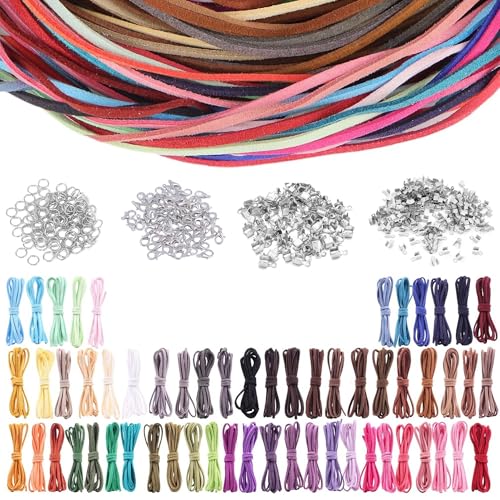 Zevmi 60 Stück Dünnes Lederband für Ketten: 60 m 60 Farben Lederbänder zum Basteln Lederschnur 3mm Lederband Flach mit 100 Stück Verschluss für DIY Handwerk Halskette Armband Schmuck von Zevmi